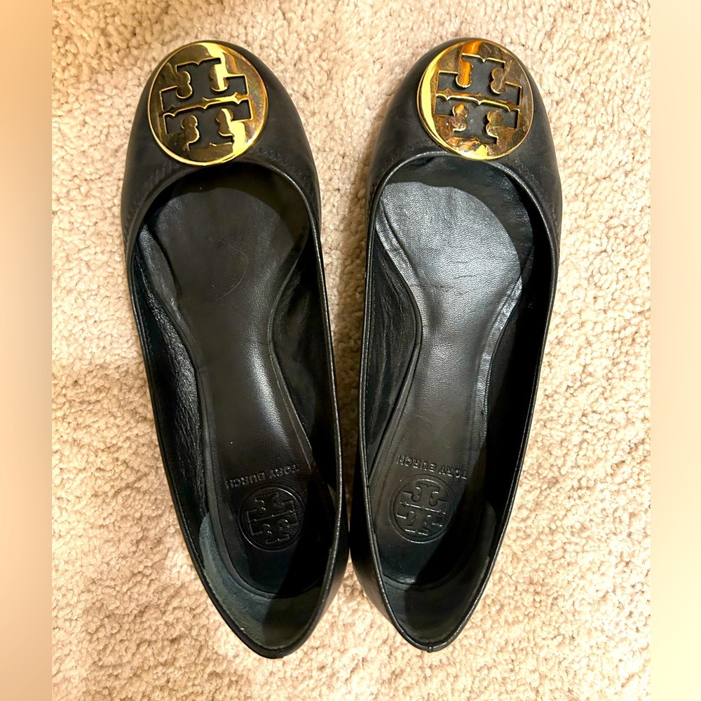 Tory Burch Black Flats with Gold Logo